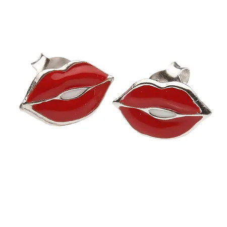 Woofie ασημένια παιδικά Σκουλαρίκια χείλη με λευκό επιπλατίνωμα και σμάλτο