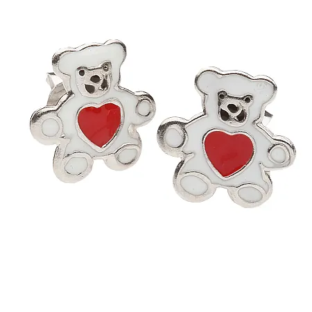 Woofie παιδικά ασημένια σκουλαρίκια Αρκουδάκι με άσπρο επιπλατίνωμα και σμάλτο