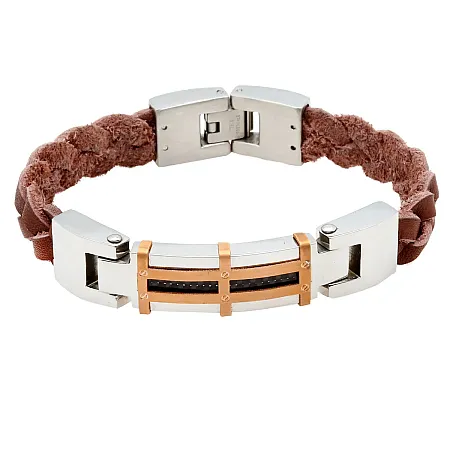 Βραχιόλι για άνδρες από ανοξείδωτο ατσάλι με  καφέ δέρμα, ροζ επιχρύσωμα & ανθρακόνημα, 21 εκατοστά με το κούμπωμα, TRIBUTE