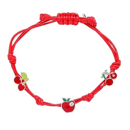 woofie, παιδικό, ασημένιο, βραχιόλι για κορίτσια με σμάλτο, άσπρο επιπλατίνωμα, κεράσια, μήλο, ζιργκόν, κόκκινο βαμβακερό κορδόνι