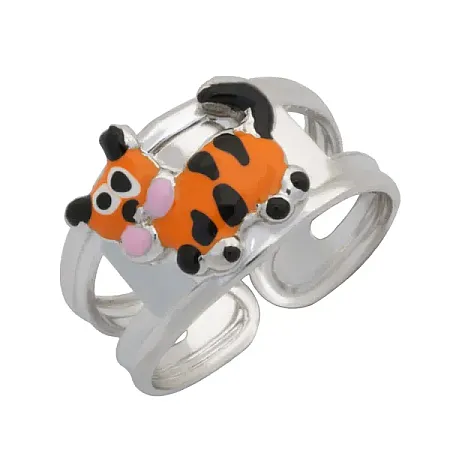 Woofie, Ασημένιο Παιδικό Δαχτυλίδι για κορίτσια, με σμάλτο, γάτα & άσπρο επιπλατίνωμα