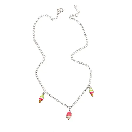 Woofie, Ασημένιο, Παιδικό, κολιέ για κορίτσια με παγωτά ξυλάκια, σμάλτο, και λευκό επιπλατίνωμα