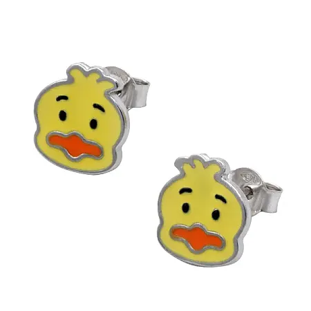 Woofie, Ασημένια, Παιδικά Σκουλαρίκια για κορίτσια, με παπάκια, σμάλτο & άσπρο επιπλατίνωμα