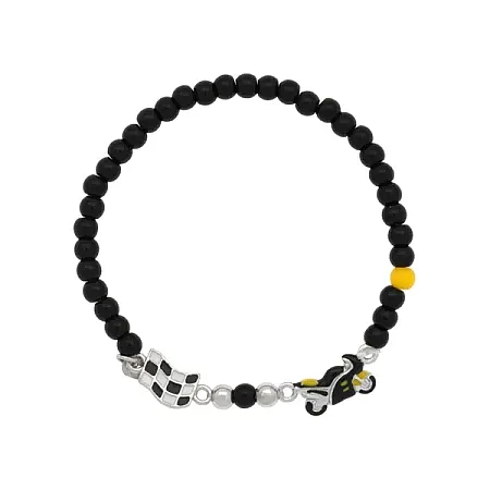 woofie, ασημένιο παιδικό βραχιόλι για αγόρια με σμάλτο, άσπρο επιπλατίνωμα, συνθετικές πέτρες, μηχανή & σημαία εκκίνησης