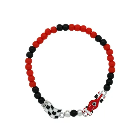 woofie, ασημένιο παιδικό βραχιόλι για αγόρια με σμάλτο, άσπρο επιπλατίνωμα, συνθετικές πέτρες, αγωνιστική φόρμουλα, & σημαία εκκίνησης