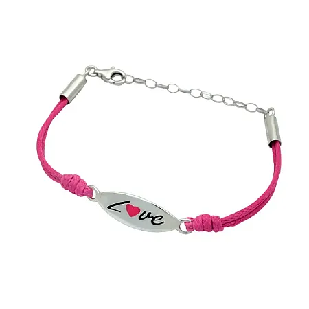 Woofie, ασημένιο ,παιδικό ,βραχιόλι, για κορίτσια, επιπλατινωμένο χωρίς νικέλιο με ροζ βαμβακερό κορδόνι με αλυσίδα προέκτασης, σμάλτο & kαρδιά