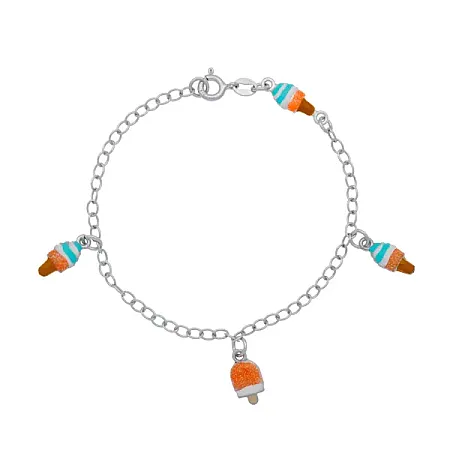 woofie, παιδικό ασημένιο βραχιόλι για κορίτσια με σμάλτο άσπρο επιπλατίνωμα & παγωτά ξυλάκια