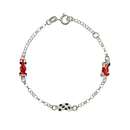 woofie, ασημένιο, παιδικό βραχιόλι για αγόρια, επιπλατινωμένο με σμάλτο, σημαία φόρμουλας1, αγωνιστικό αυτοκίνητο φόρμουλα1 & μηχανή