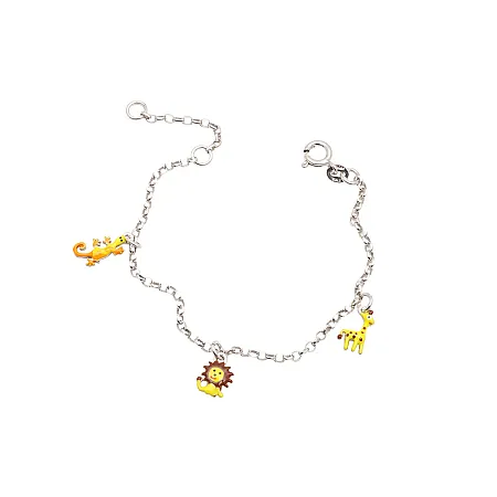 woofie, ασημένιο, παιδικό βραχιόλι για κορίτσια ,με σμάλτο, άσπρο επιπλατίνωμα ,σαμιαμίδι, λιοντάρι & καμηλοπάρδαλη