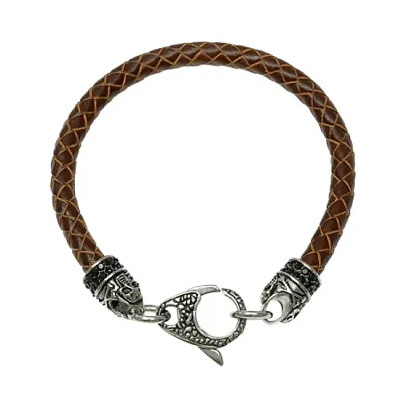 TRIBUTE, ανδρικό βραχιόλι, χειροπέδα, από ανοξείδωτο ατσάλι με καφέ , αδιάβροχο δέρμα, μαύρα ζιργκόν & νεκροκεφαλές, 22 εκατοστά με το κούμπωμα