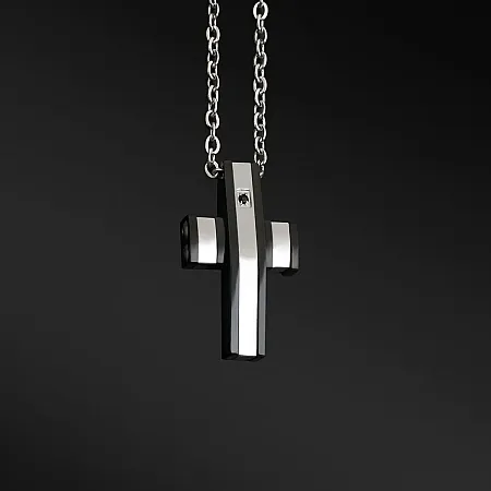 TRIBUTE, αντρικό, κολιέ, από, ανοξείδωτο, ατσάλι, με ζιργόν, μαύρο, επιπλατίνωμα,