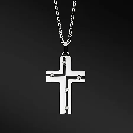 TRIBUTE, αντρικό, ματ, κολιέ, από, ανοξείδωτο, ατσάλι, με σταυρό, μαύρο, επιπλατίνωμα,