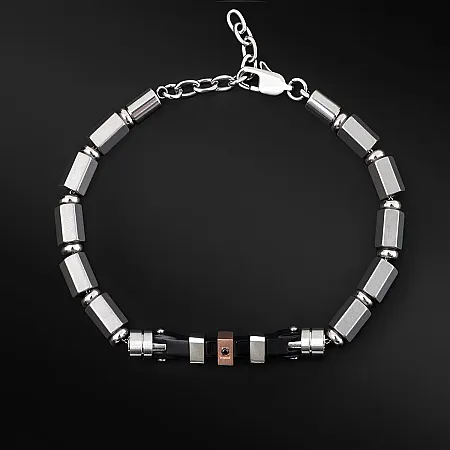 Βραχιόλι  ανδρικό από ανοξείδωτο ατσάλι, με ροζ επιχρύσωμα, μαύρα ζιργκόν & μαύρο ρόδιο, 19 εκατοστά συν αλυσίδα επέκτασης 3,5 εκατοστά, TRIBUTE