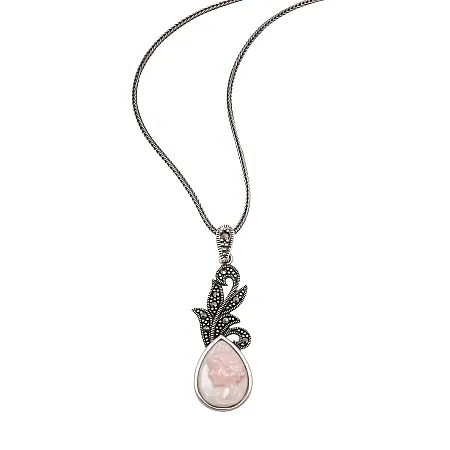 silverline, ασημένιο, γυναικείο, κολιέ, καμέο με ροζ φίλντισι & μαρκασίτες
