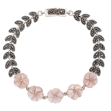 silverline, ασημένιο βραχιόλι γυναικείο με λουλούδια, ροζ φίλντισι & μαρκασίτες