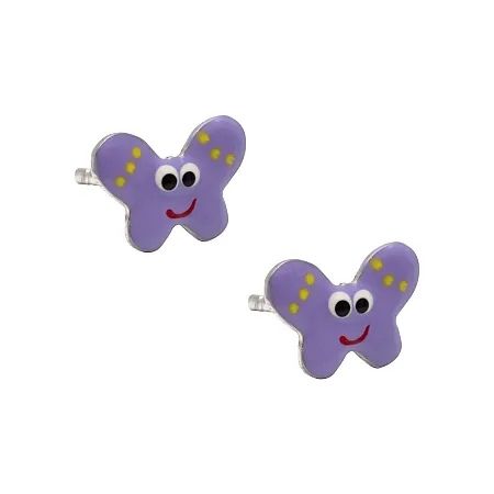 Ασημένια, παιδικά σκουλαρίκια woofie "πεταλούδα" με μωβ σμάλτο, επιπλατινωμένα-0130526201