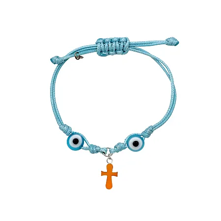 Ασημένιο ,παιδικό ,βραχιόλι ,woofie, με λευκό επιπλατίνωμα, γαλάζιο κορδόνι, σμάλτο," μάτι βασκανίας" & "σταυρό"-0230358801