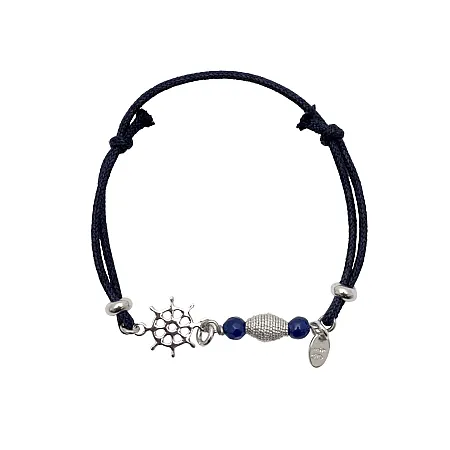 Ασημένιο ,παιδικό ,βραχιόλι ,woofie, με λευκό επιπλατίνωμα, μπλε χάντρες, μαύρο κορδόνι και "τιμόνι πλοίου"-0230400701