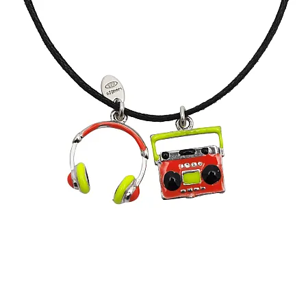 Ασημένιο, παιδικό, κολιέ, woofie, για κορίτσια, επιπλατινωμένο, με σμάλτο, "ακουστικά", "κασετόφωνο" & βαμβακερό κορδόνι-0330292001