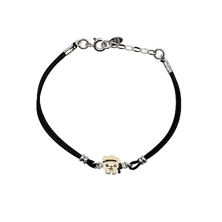 woofie, ασημένιο, παιδικό, βραχιόλι, για αγόρια, με άσπρο επιπλατίνωμα, μαύρο βαμβακερό κορδόνι και θέμα καράτε