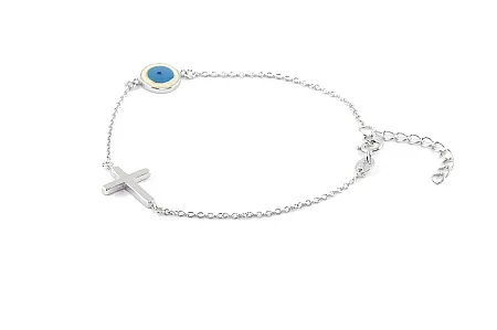 silverline, ασημένιο, γυναικείο βραχιόλι, με σταυρό & μάτι βασκανίας από σμάλτο, επιπλατινωμένο, χωρίς νικέλιο ,