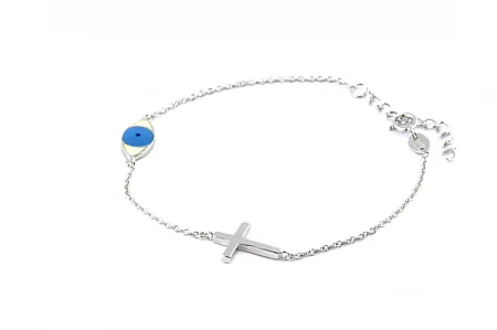 silverline, ασημένιο, γυναικείο βραχιόλι, με σταυρό & μάτι βασκανίας από σμάλτο, επιπλατινωμένο, χωρίς νικέλιο