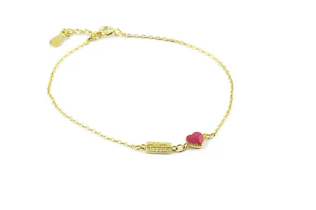 silverline, ασημένιο, γυναικείο βραχιόλι, με ζιργκόν & καρδιά, επιχρυσωμένο με ροζ σμάλτο