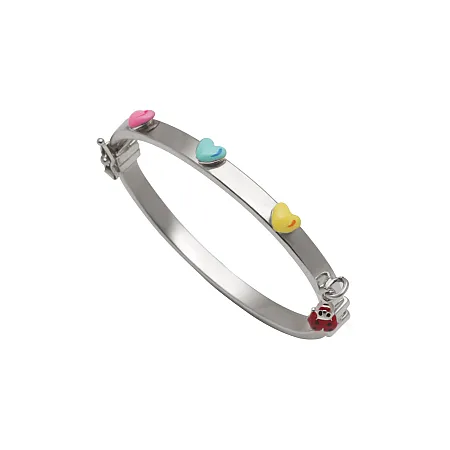 Woofie, ασημένιο, παιδικό, βραχιόλι, κλειστή χειροπέδα με ασφάλεια, με σμάλτο, καρδιές, κρεμαστή πασχαλίτσα & λευκό επιπλατίνωμα