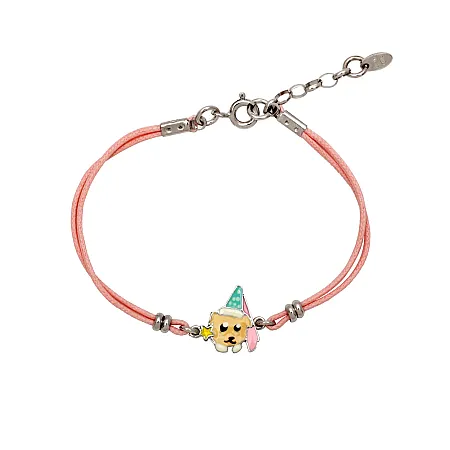Woofie, ασημένιο, παιδικό, βραχιόλι, με σμάλτο, νεράιδα, ροζ βαμβακερό κορδόνι με αλυσίδα επέκτασης & λευκό επιπλατίνωμα,