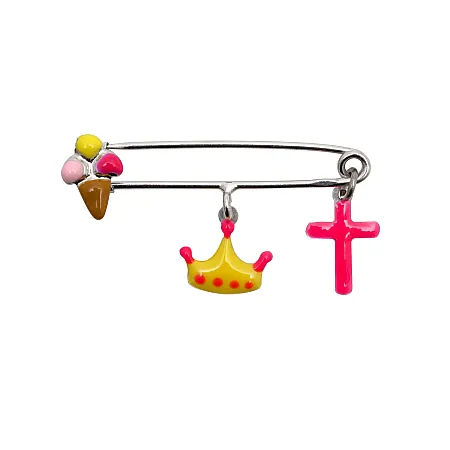 woofie, ασημένια, παιδική καρφίτσα, παραμάνα, γούρι για νεογέννητα κορίτσια, με σμάλτο, παγωτό, σταυρό, κορώνα και λευκό επιπλατίνωμα ή κίτρινο χρύσωμα