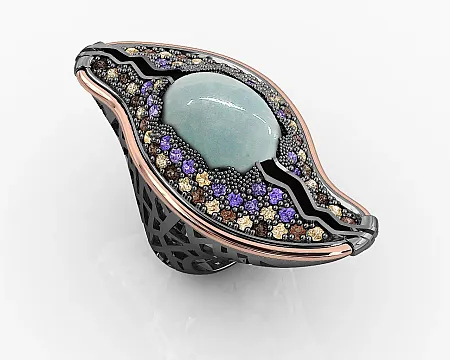 Δαχτυλίδι ασημένιο, γυναικείο, με φλούδα χρυσού Κ18, άκουα μαρίνα και ζιργκόν, με ασπρόμαυρο επιπλατίνωμα,silverline, 0430656601