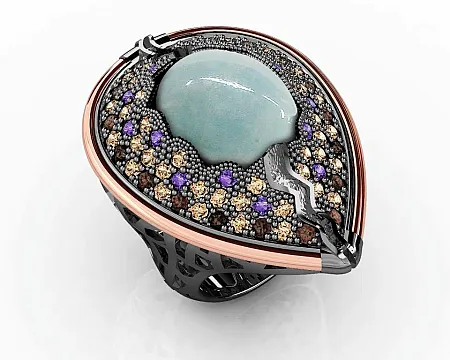 Δαχτυλίδι, γυναικείο, ασημένιο, με φλούδα χρυσού  Κ18, άκουα μαρίνα και ζιργκόν, με ασπρόμαυρο επιπλατίνωμα, silverline,0430646901