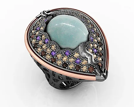 Δαχτυλίδι, γυναικείο, ασημένιο, με φλούδα χρυσού Κ18, άκουα μαρίνα, ζιργκόν &  ασπρόμαυρο επιπλατίνωμα, silverline,0430657601