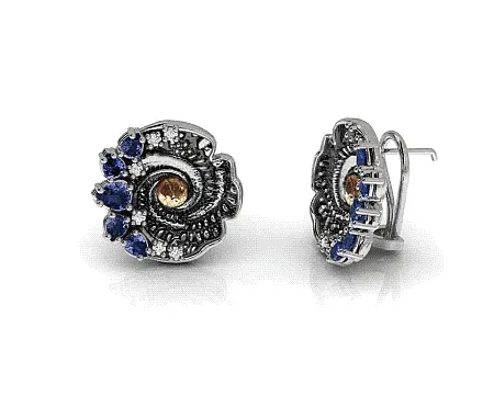 silverline,ασημένια, γυναικεία, σκουλαρίκια με stand, clip, μπλε, ζαφείρια, 2,54, CT, λευκά, τοπάζια, φλούδα, χρυσού, Κ18 και ασπρόμαυρο, επιπλατίνωμα