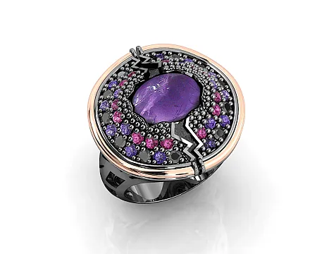 Δαχτυλίδι γυναικείο, ασημένιο, με φλούδα χρυσού Κ18, αμέθυστο, μαύρα σπινέλια & βιολετί/ κόκκινα, ζιργκόν, με μαύρο επιπλατίνωμα,silverline, 0430657401