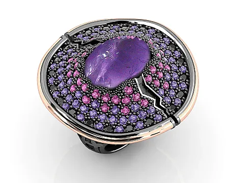 Δαχτυλίδι  γυναικείο, ασημένιο, με φλούδα χρυσού Κ18, αμέθυστο, μαύρα  σπινέλια ,βιολετί/ κόκκινα ζιργκόν & μαύρο επιπλατίνωμα, silverline, 0430647301
