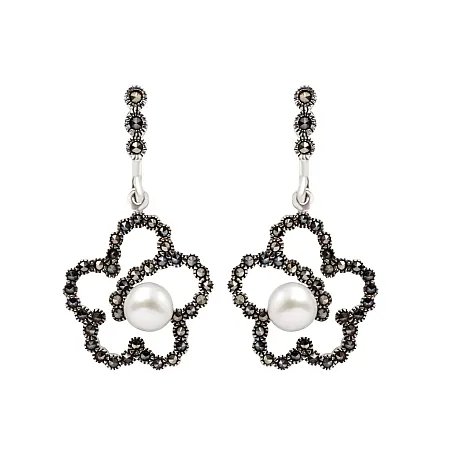 silverline, ασημένια, γυναικεία, σκουλαρίκια με λουλούδια, πέρλες, μαρκασίτη, άσπρο, επιπλατίνωμα,