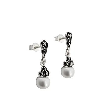 silverline,ασημένια, γυναικεία, σκουλαρίκια με πέρλες, μαρκασίτη, άσπρο, επιπλατίνωμα,