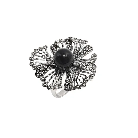 silverline, ασημένιο, γυναικείο, δαχτυλίδι, λουλούδι με μαύρο, όνυχα, ορυκτές, πέτρες, μαρκασίτη