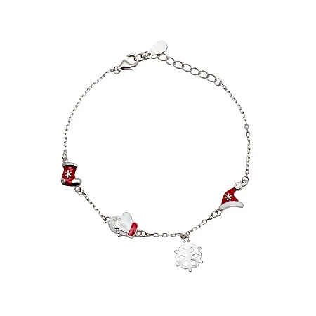 Woofie, ασημένιο, Χριστουγεννιάτικο, παιδικό, βραχιόλι με σμάλτο, χιονονιφάδα, μπότα, σκούφο, γάντια, ζιργκόν, άσπρο, επιπλατίνωμα,