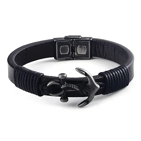 Ανδρικό βραχιόλι από ανοξείδωτο ατσάλι με δέρμα & άγκυρα, 23 εκατοστά,TRIBUTE, 0230445401