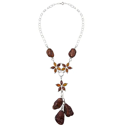 Κολιέ με κεχριμπάρι,ασημένιο,γυναικείο, με λουλούδια,χειροποίητο.45cm,silverline