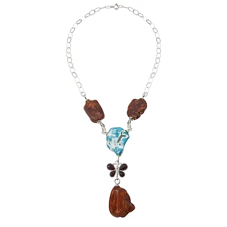 Κολιέ με κεχριμπάρι, τυρκουάζ & πεταλούδα, ασημένιο,γυναικείο,χειροποίητο,44cm,silverline