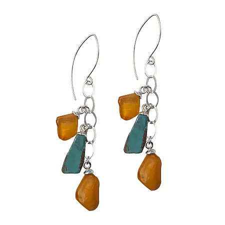 Σκουλαρίκια με κεχριμπάρι & τυρκουάζ, κρεμαστά, ασημένια, γυναικεία, χειροποίητα, 7,5cm μήκος, silverline