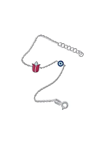 Ασημένιο, παιδικό βραχιόλι για κορίτσια, με σμάλτο, μάτι βασκανίας & τουλίπα, 14,5 εκατοστά μήκος με αλυσίδα επέκτασης 2,4 εκατοστών, woofie, WBRA16 ,