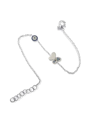 Ασημένιο, παιδικό βραχιόλι για κορίτσια, με σμάλτο, πεταλούδα με ζιργκόν & μάτι βασκανίας, 14,5 εκατοστά μήκος με αλυσίδα επέκτασης 2,4 εκατοστών, woofie, WBRA7 ,