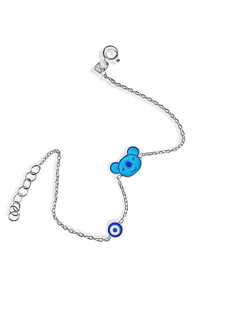 Ασημένιο, παιδικό βραχιόλι για αγόρια, με σμάλτο, μάτι βασκανίας & γαλάζιο αρκουδάκι, 14,5 εκατοστά μήκος με αλυσίδα επέκτασης 2,4 εκατοστών, woofie, WBRA10 ,