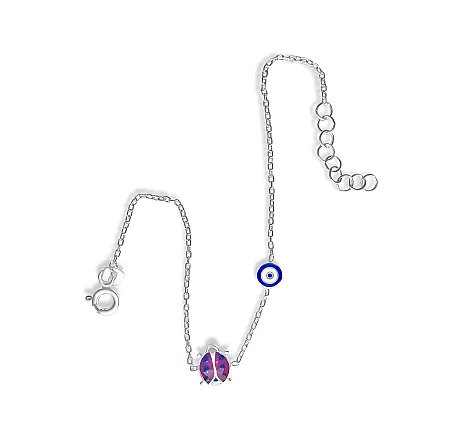 Ασημένιο, παιδικό βραχιόλι για κορίτσια, με σμάλτο, μάτι βασκανίας & πασχαλίτσα, 14,5 εκατοστά μήκος με αλυσίδα επέκτασης 2,4 εκατοστών, woofie, WBRA ,8