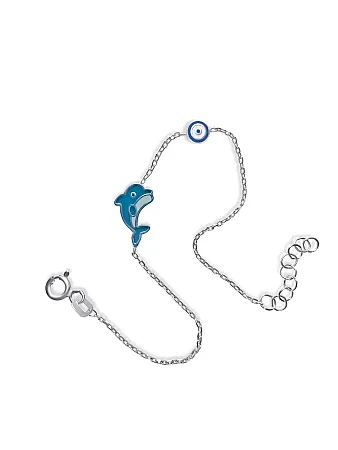 Ασημένιο, παιδικό βραχιόλι για αγόρια, με σμάλτο, μάτι βασκανίας & δελφίνι, 14,5 εκατοστά μήκος με αλυσίδα επέκτασης 2,4 εκατοστών, woofie, WBRA 11,