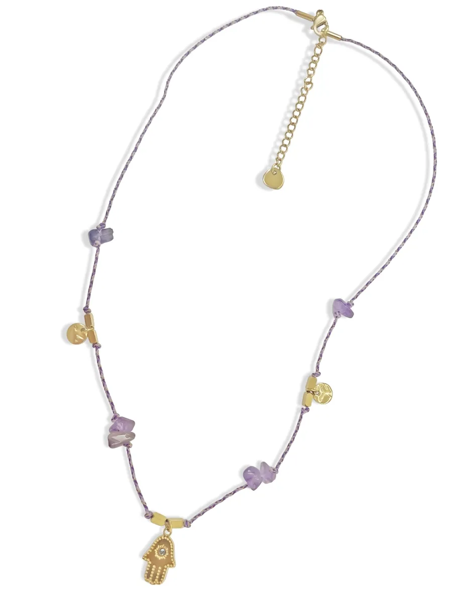 Κολιέ γυναικείο, από ανοξείδωτο ατσάλι, χειροποίητο, με αμέθυστους ,βαμβακερό κορδόνι, χεράκι φατμά & κίτρινο επιχρύσωμα, 42εκατοστά μήκος συν αλυσίδα επέκτασης 5 εκατοστά, silverline, 0330342701